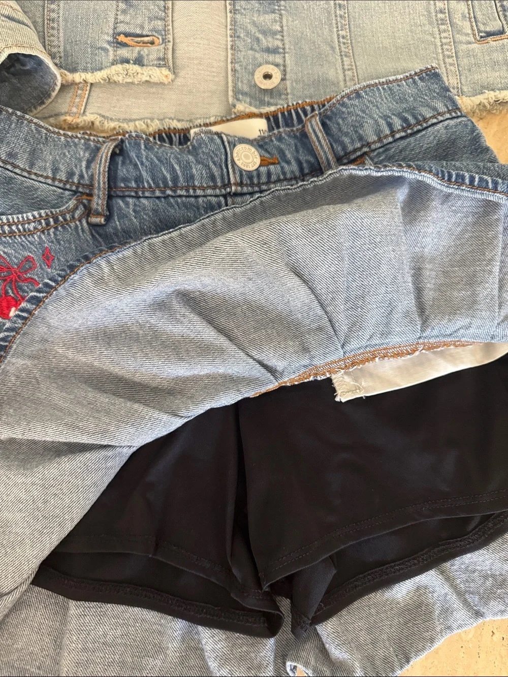 abercrombie kids light wash denim jacket & matching skirt with cherry embroidery